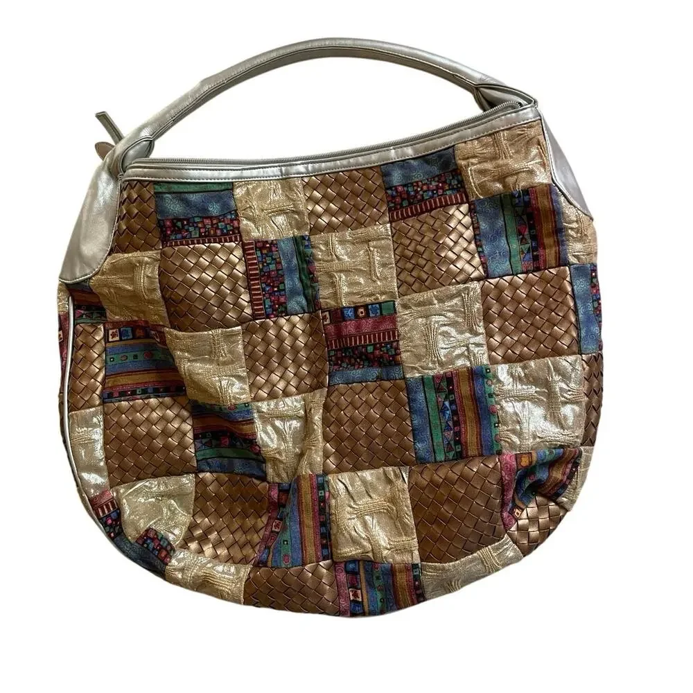 Vintage Zen Patchwork Hobo Bag – Metallic Silver Strap